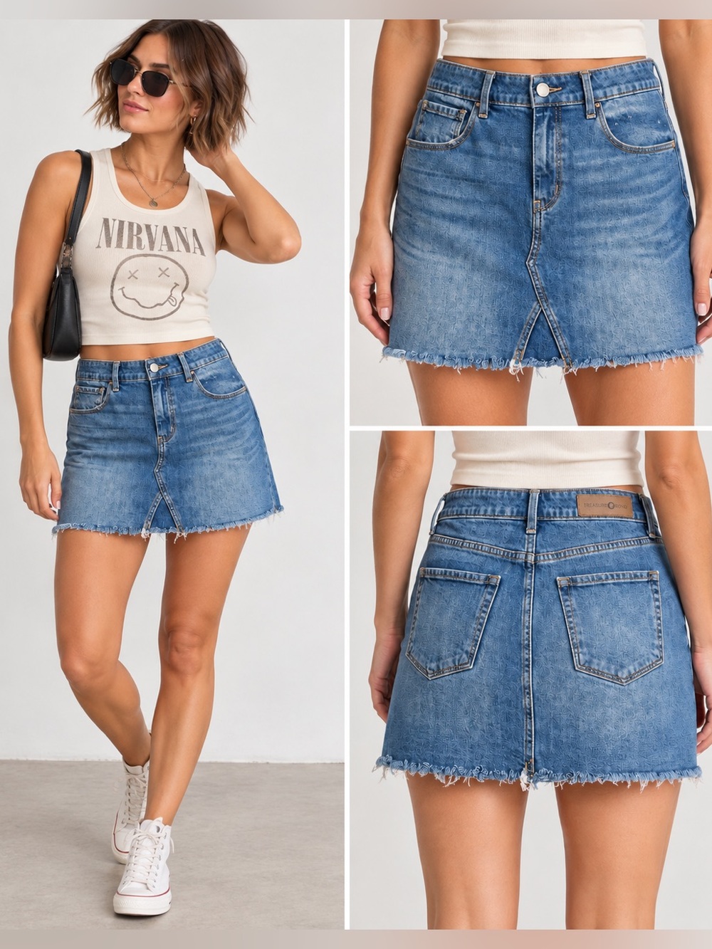 Treasure & Bond Denim Mini Skirt Size 30 Raw Hem Distressed Medium Wash